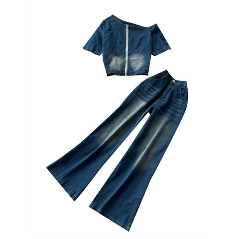 Slant-neckline Jacket & Jeans Denim 2Pcs