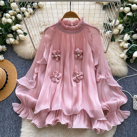 French Style 3D Beaded Flower Shirt