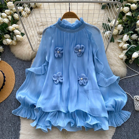 French Style 3D Beaded Flower Shirt