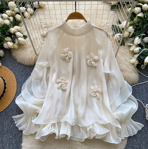 French Style 3D Beaded Flower Shirt