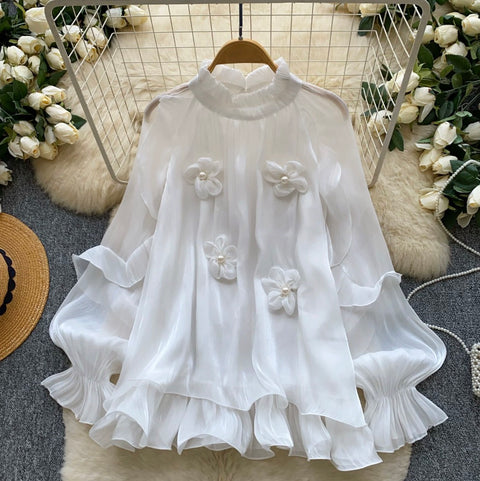 French Style 3D Beaded Flower Shirt