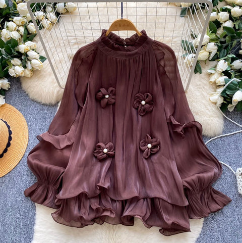 French Style 3D Beaded Flower Shirt