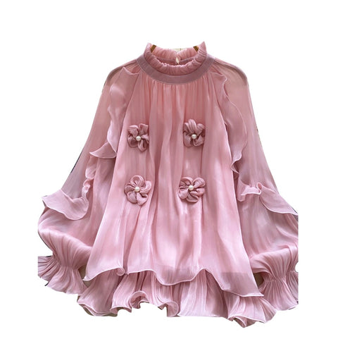 French Style 3D Beaded Flower Shirt