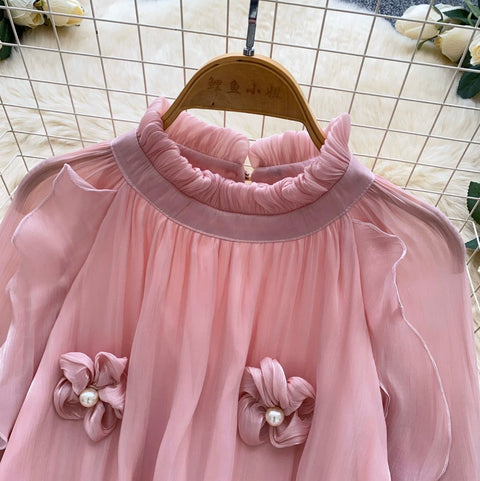 French Style 3D Beaded Flower Shirt