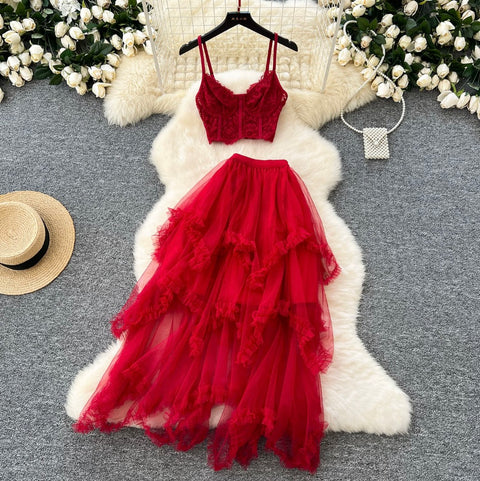 Camisole & Mesh Dress Red 2Pcs