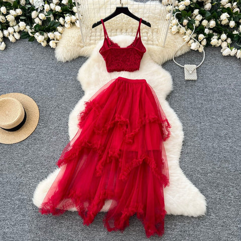 Camisole & Mesh Dress Red 2Pcs