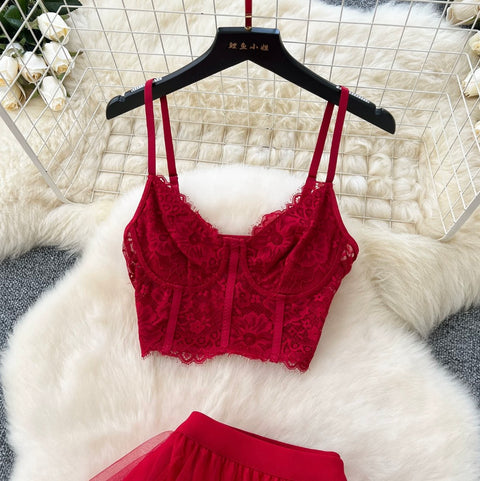 Camisole & Mesh Dress Red 2Pcs