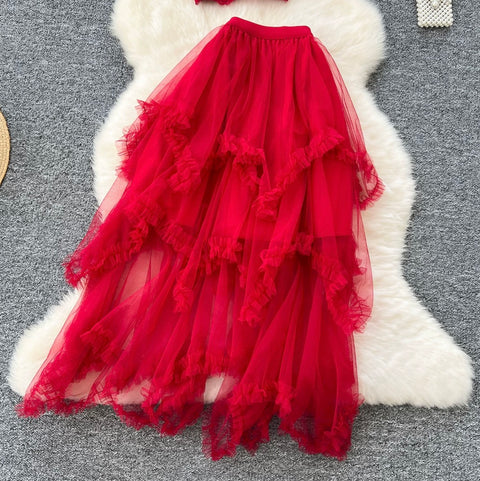 Camisole & Mesh Dress Red 2Pcs