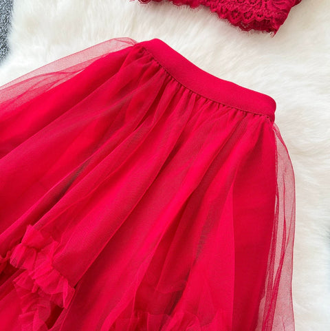 Camisole & Mesh Dress Red 2Pcs