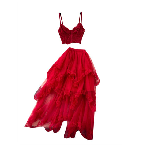 Camisole & Mesh Dress Red 2Pcs