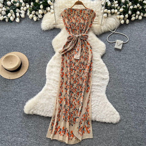 Lace-up Floral Print Sleeveless Dress
