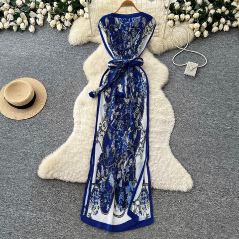 Lace-up Floral Print Sleeveless Dress