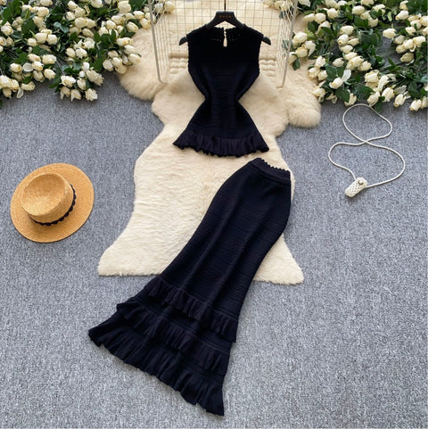 Knitted Vest & Pleated Skirt 2Pcs