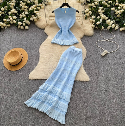 Knitted Vest & Pleated Skirt 2Pcs
