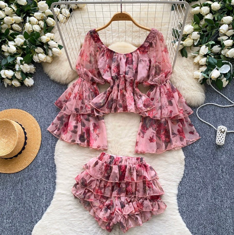 Flared-sleeve Top & Skirt Floral 2Pcs