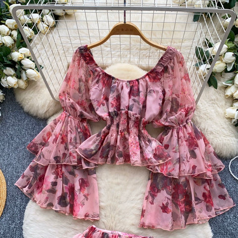 Flared-sleeve Top & Skirt Floral 2Pcs