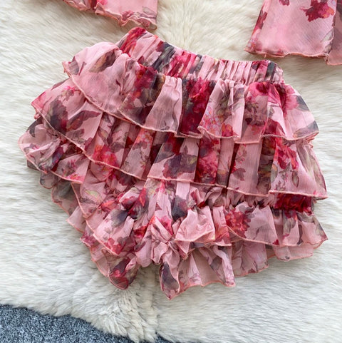 Flared-sleeve Top & Skirt Floral 2Pcs