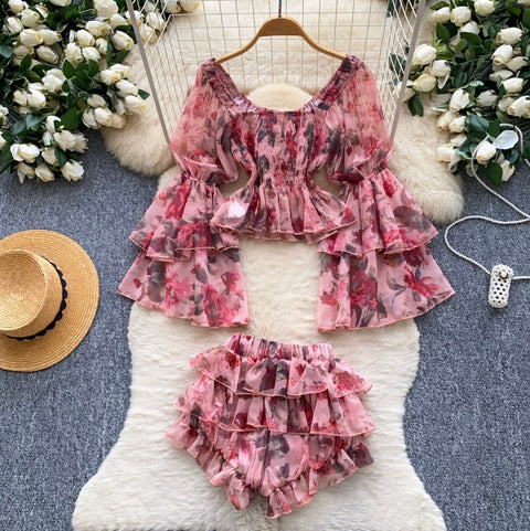 Flared-sleeve Top & Skirt Floral 2Pcs