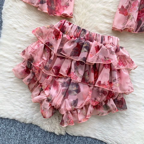 Flared-sleeve Top & Skirt Floral 2Pcs