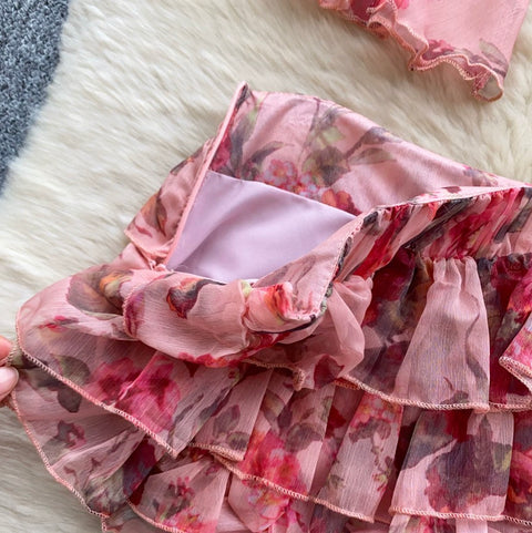 Flared-sleeve Top & Skirt Floral 2Pcs