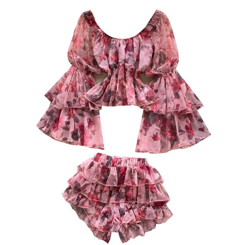 Flared-sleeve Top & Skirt Floral 2Pcs