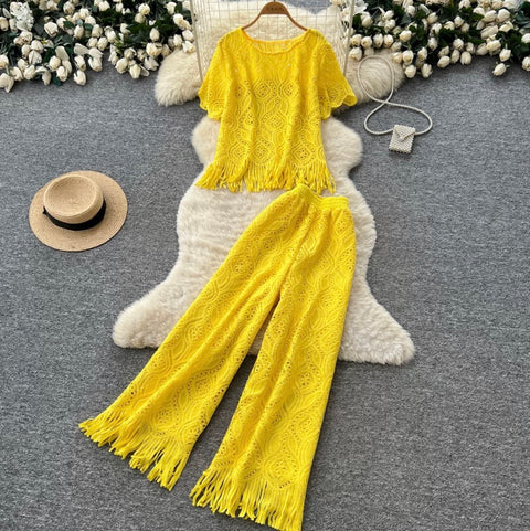 Hollowed Fringed Knitwear & Skirt 2Pcs