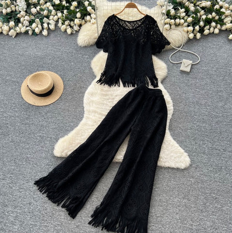 Hollowed Fringed Knitwear & Skirt 2Pcs