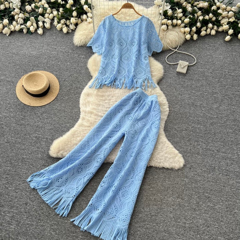 Hollowed Fringed Knitwear & Skirt 2Pcs