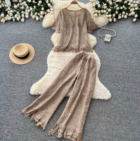 Hollowed Fringed Knitwear & Skirt 2Pcs