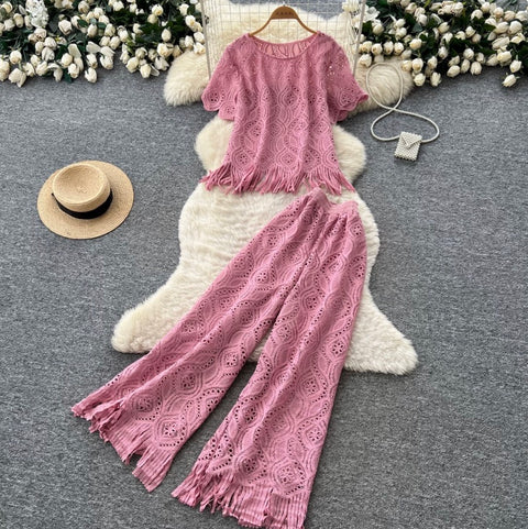 Hollowed Fringed Knitwear & Skirt 2Pcs