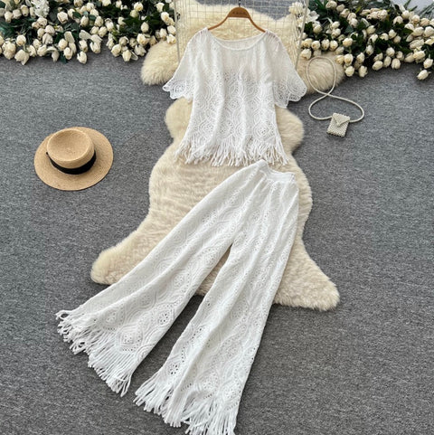Hollowed Fringed Knitwear & Skirt 2Pcs