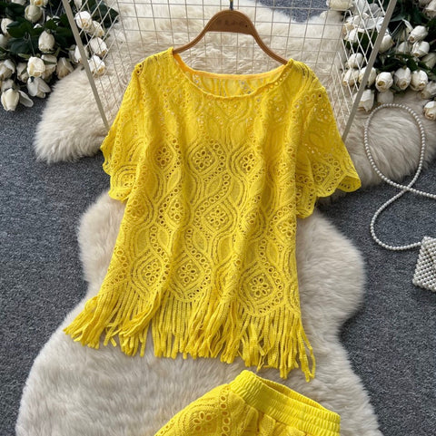 Hollowed Fringed Knitwear & Skirt 2Pcs
