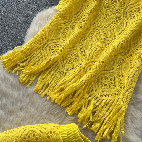 Hollowed Fringed Knitwear & Skirt 2Pcs