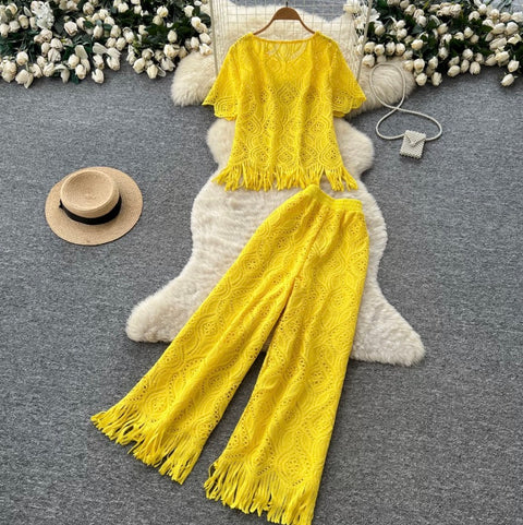 Hollowed Fringed Knitwear & Skirt 2Pcs