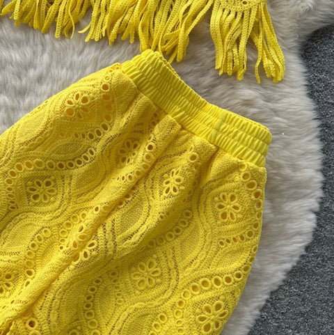 Hollowed Fringed Knitwear & Skirt 2Pcs