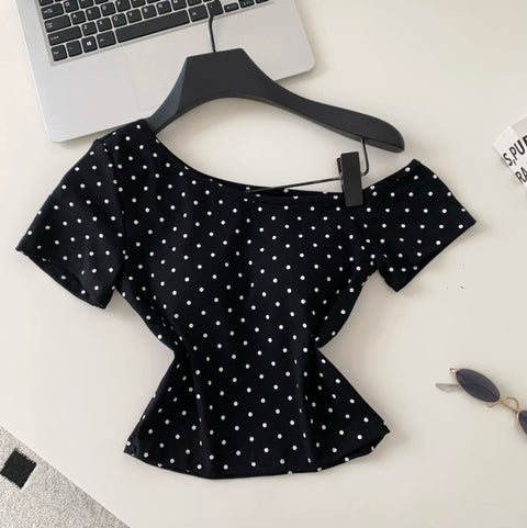 Slant Neckline Polka Dot T-shirt
