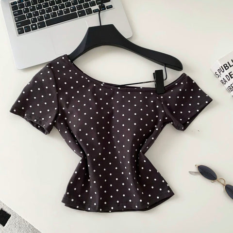 Slant Neckline Polka Dot T-shirt