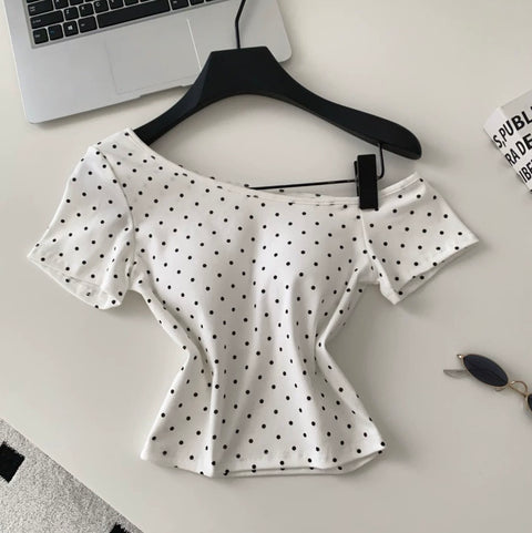 Slant Neckline Polka Dot T-shirt