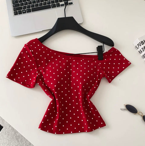 Slant Neckline Polka Dot T-shirt