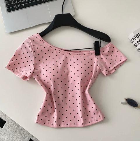 Slant Neckline Polka Dot T-shirt