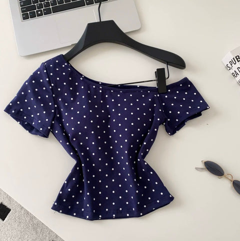 Slant Neckline Polka Dot T-shirt