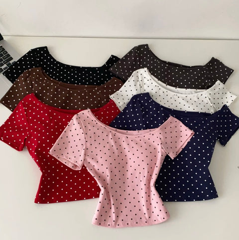 Slant Neckline Polka Dot T-shirt