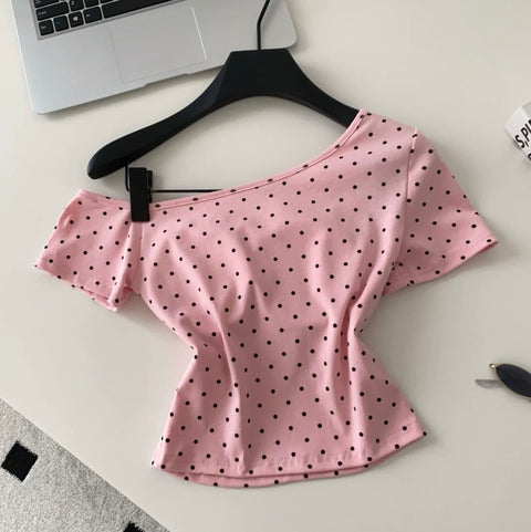 Slant Neckline Polka Dot T-shirt