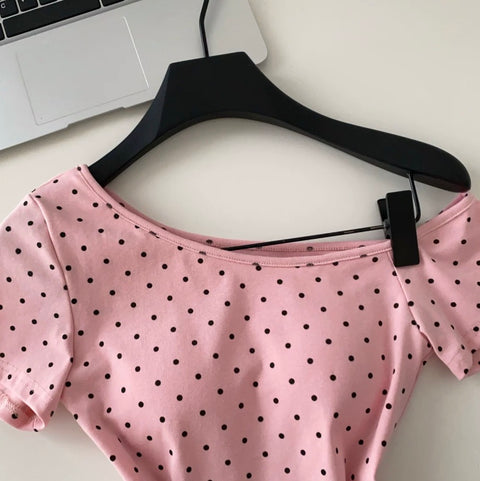 Slant Neckline Polka Dot T-shirt