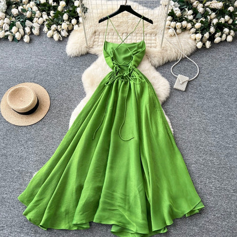 Backless Grass Green Slip Dress