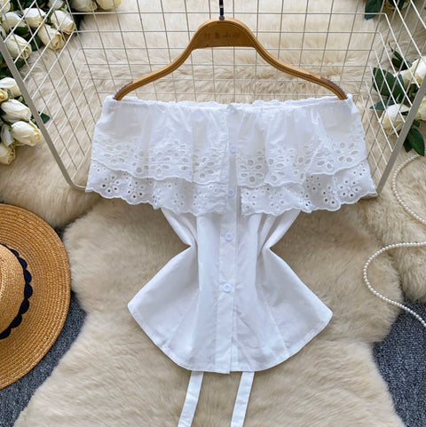 Off-shoulder Hollowed Lace Shirt