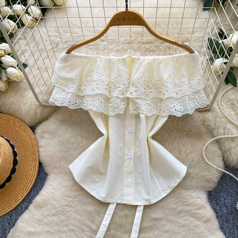 Off-shoulder Hollowed Lace Shirt