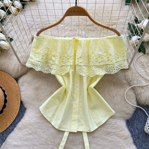 Off-shoulder Hollowed Lace Shirt