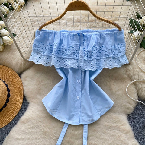 Off-shoulder Hollowed Lace Shirt