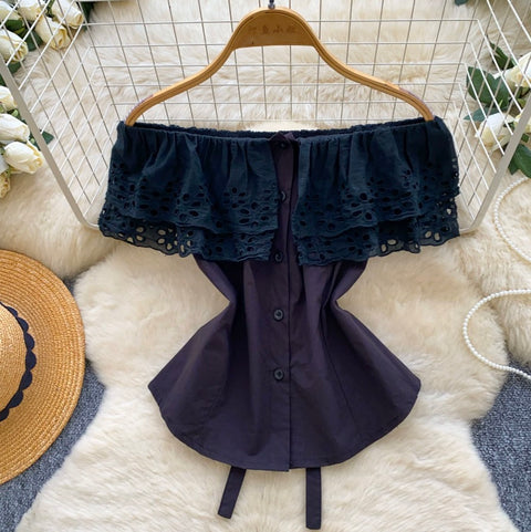 Off-shoulder Hollowed Lace Shirt